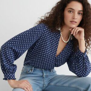 J Crew Drapey cupro-blend ruffle-trim shirt in dot MEDITERRANEAN NAVY